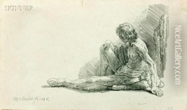 Nude Man Seated On The Ground Oil Painting - Rembrandt Van Rijn