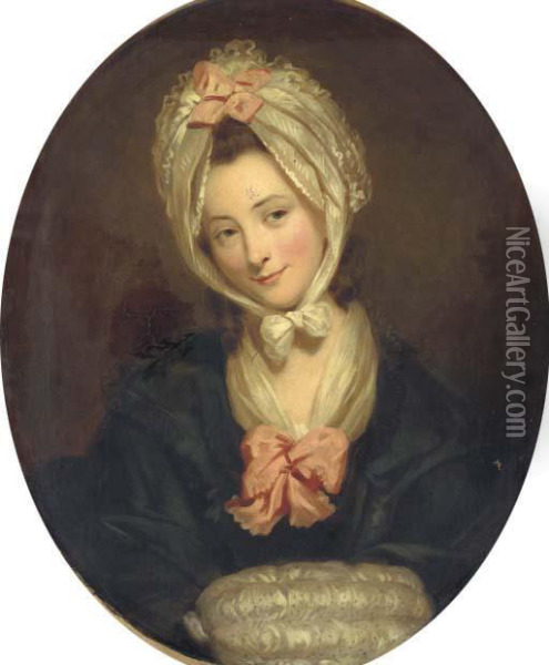 Portrait Of A Lady, Half-length,
 In A Black Dress With Pink Bow And A Lace Cap And Muff, Feigned Oval Oil Painting - Matthew William Peters