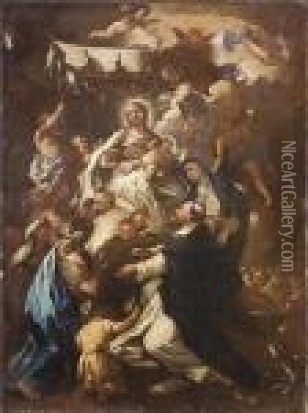 La Vergine Condotta In Cielo 
Dagli Angeli Offre Il Rosario Ai Santidomenico E Caterina Da Siena Oil Painting - Luca Giordano