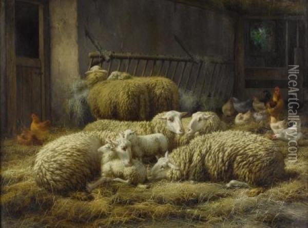 Sheep And Chickens In A Barn Oil Painting - Eugene Remy Maes