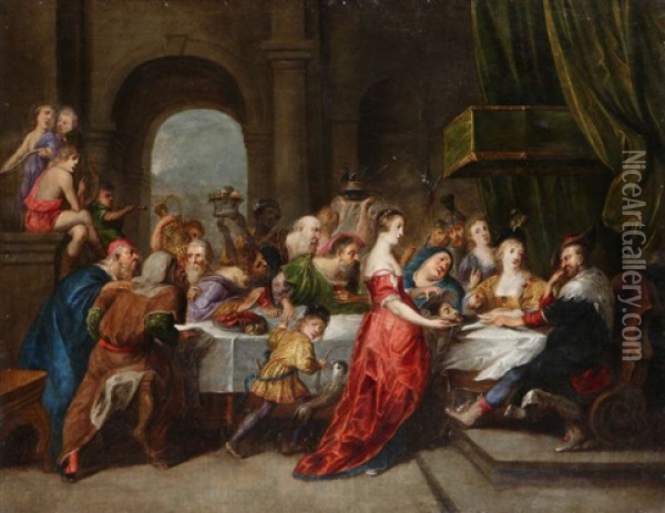 Salome Presentant La Tete De Saint-jean Baptiste Au Roi Herode Oil Painting - Guillaume Forchondt the Elder
