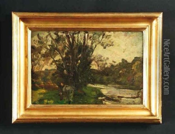 Blick Auf Einen Kleinen See (tachensee?) Mit Dichtem Baumbestand Oil Painting - Otto Reiniger