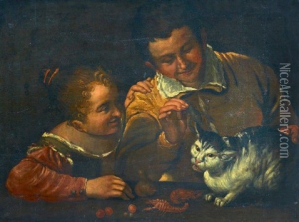 Deux Enfants Jouant Avec Un Chat Oil Painting - Annibale Carracci