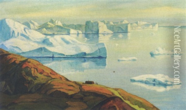Gronlandsk Kystparti Med Isbjerge Oil Painting - Emanuel A. Petersen