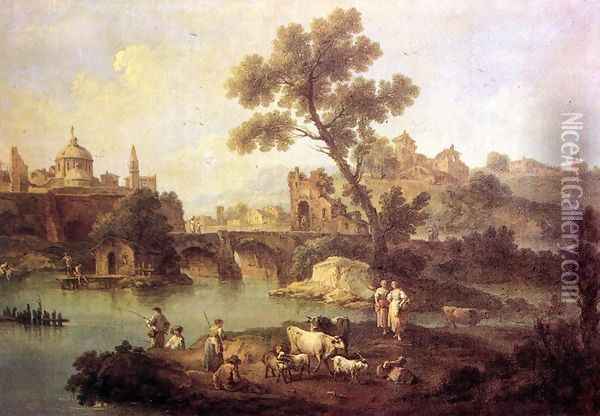 Landscape with River and Bridge c. 1740 Oil Painting - Giuseppe Zais