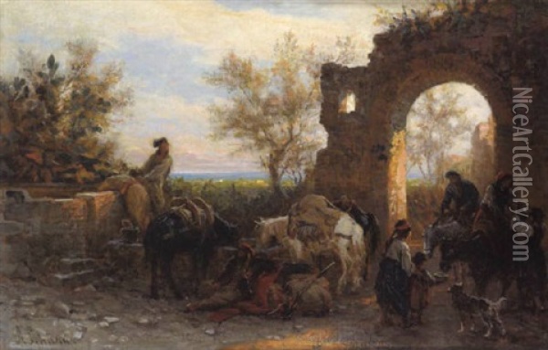 Rast An Den Ruinen In Sudlicher Landschaft Oil Painting - Alois Schoenn