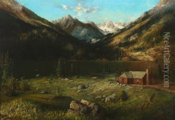 Mountainscape With A House By A Lake Oil Painting - Karl Heffner