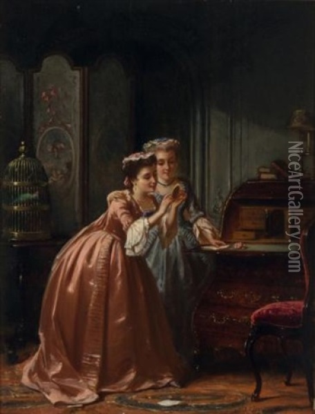 Two Women In A Salon Oil Painting - Petrus Theodorus Van Wyngaerdt
