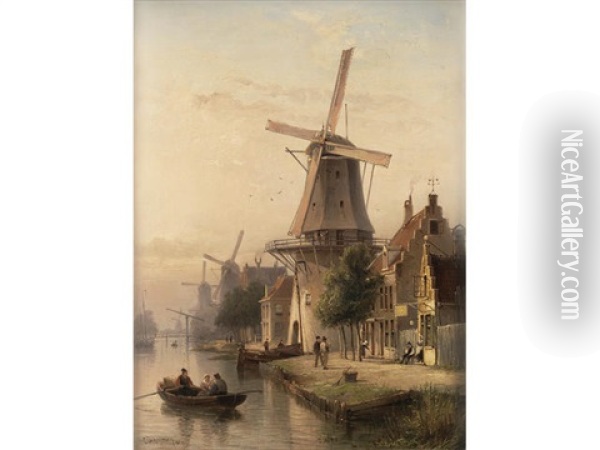 A Dutch Windmill Scene Oil Painting - Cornelis Christiaan Dommelshuizen