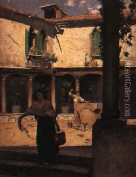 Flickor Vid Gardsbrunn, Venedig Oil Painting - Georg Pauli