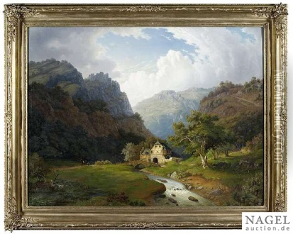 Valley Landscape With A Brook And A Mill Oil Painting - Carl Maria Nicolaus Hummel