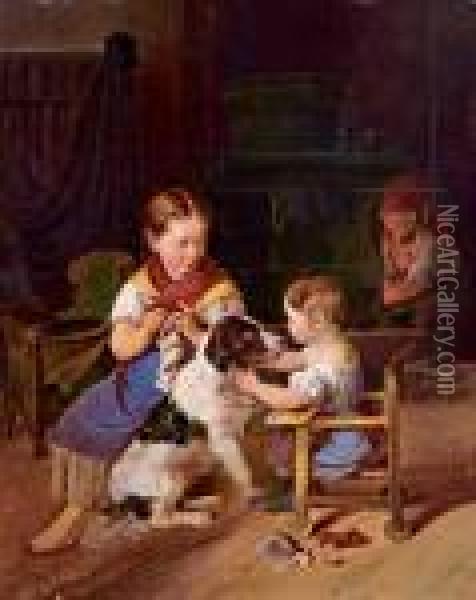 Idillio Familiare Con Ragazza Che Lavora A Maglia Oil Painting - Johann Matthias Ranftl