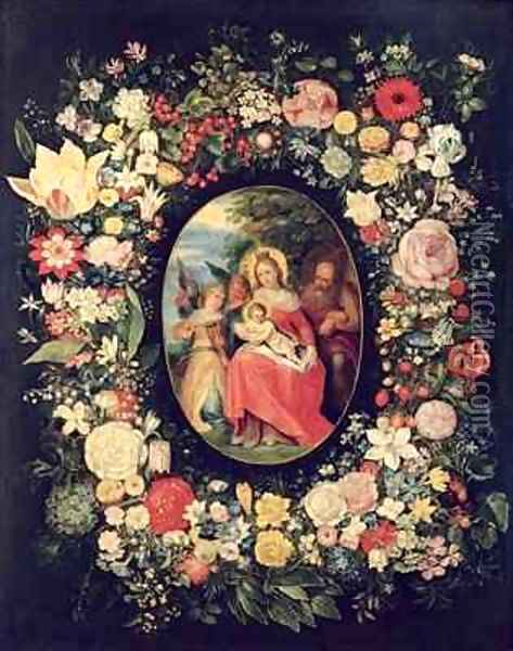 The Holy Family Framed by a Garland of Flowers Oil Painting - Andries Daniels or Danielsz