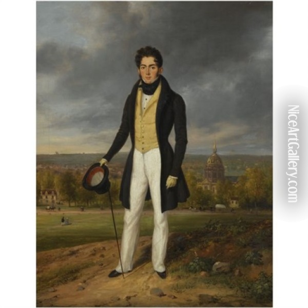 Portrait Of A Gentleman With Les Invalides In The Distance Oil Painting - Giuseppe Canella I