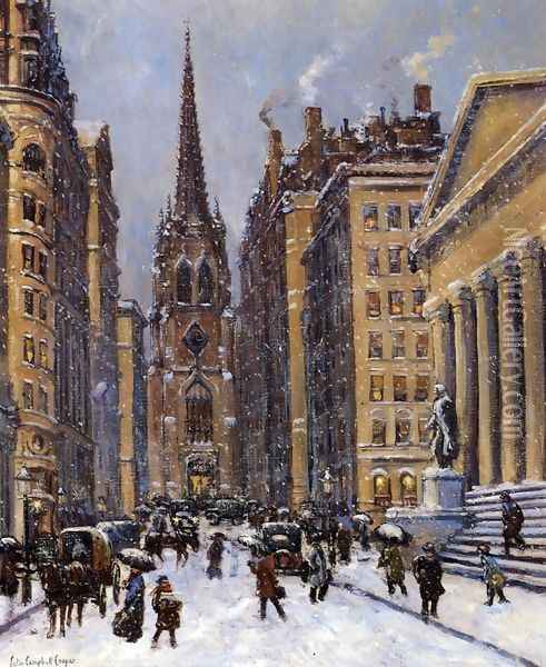 Wall Street Facing Trinity Church Oil Painting - Colin Campbell Cooper