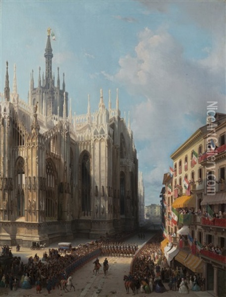 Veduta Del Fianco Settentrionale Del Duomo Di Milano; Ritorno Dal Te Deum La Mattina Del 9 Giugno 1859 Oil Painting - Luigi Bisi