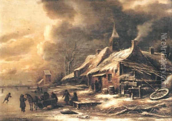 Bymiljo Vid Vatten I Vinterskrud Oil Painting - Nicolaes Molenaer