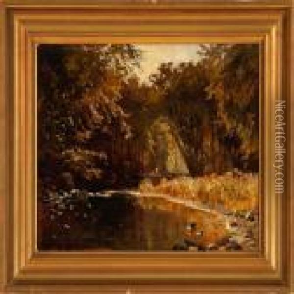 Stream In An Autumn Forest Oil Painting - Olaf Viggo Peter Langer