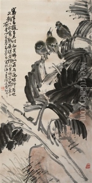 Bird Perched In Banana Tree Oil Painting -  Wang Mengbai