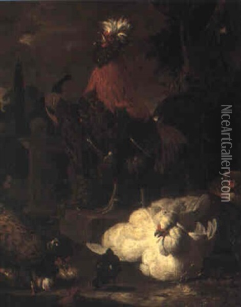 Fowl In A Garden Oil Painting - Melchior de Hondecoeter