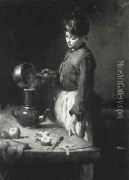 Interior Scene - Lady Making Coffee Oil Painting - Jacob Simon Hendrik Kever