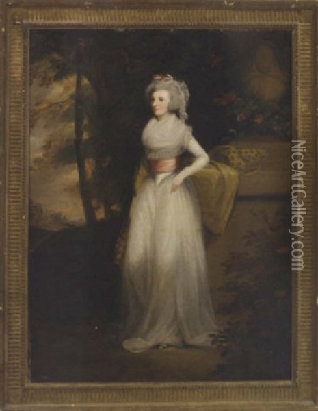 Portrait Of Mrs. Scott Of Duninald In A White Dress, A Pink Sash And Yellow Wrap, By A Plinth In A Landscape Oil Painting - Alexander Nasmyth