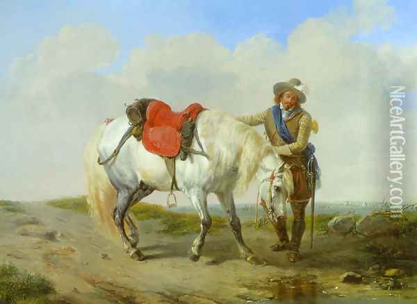 A Cavalier Watering his Mount Oil Painting - Eugene Verboeckhoven
