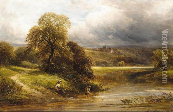 A Rain Cloud Over The River Oil Painting - George Turner