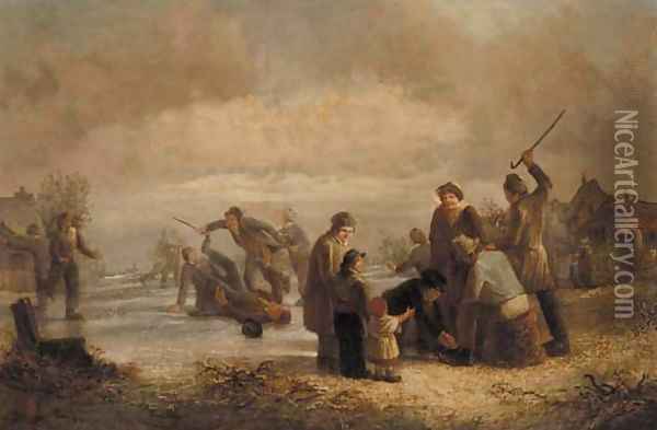 Skaters on a frozen lake Oil Painting - Dutch School