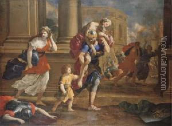 The Flight Of Aeneas And His Family Oil Painting - Giovanni Francesco Romanelli