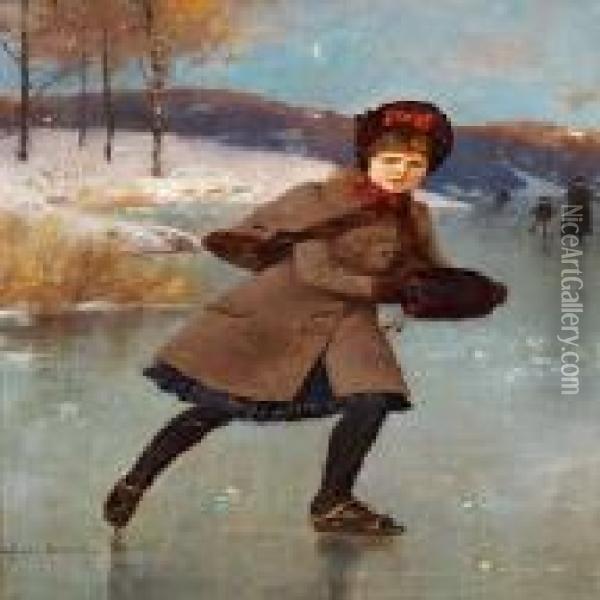 Young Girl Skating On Afrozen Lake Oil Painting - Axel Ender