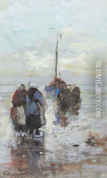 Fisherwomen on the beach of Katwijk Oil Painting - Gerhard Arij Ludwig Morgenstje Munthe