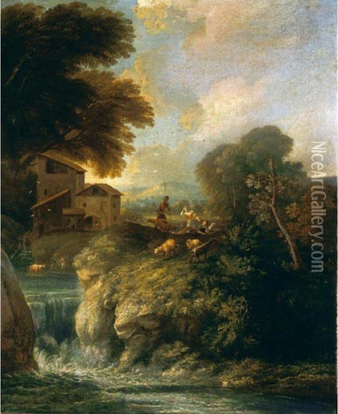 Paesaggio Con Cascata, Pastori, Animali, Ed Un Casolare Sullo Sfondo Oil Painting - Giuseppe Zais