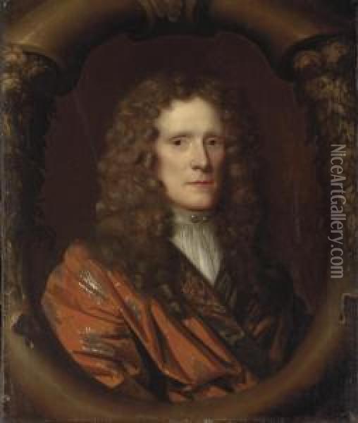 Portrait Of Sir Marmaduke 
Tunstall, Bust-length, In A Red Coat And White Cravat, In A Sculpted 
Cartouche Oil Painting - Mary Beale