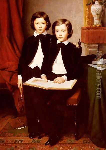 A Portrait Of Two Boys With A Sketchbook Oil Painting - Jean-Baptiste Auguste Leloir