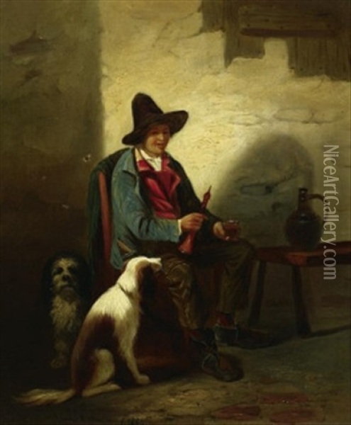 Die Musestunde. Rastender Jungling Bei Seinen Hunden In Der Stube Oil Painting - Emanuel Noterman