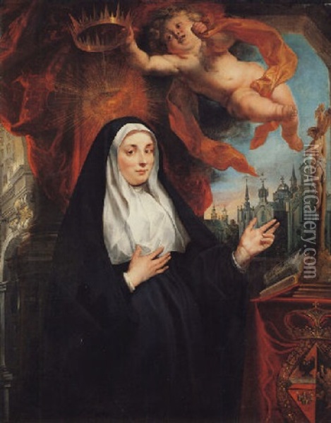 Portrait Of The Infanta Isabella Clara Eugenia, As A Nun, In Prayer Before A Crucifix And Crowned By A Cherub, With An Abbey Beyond Oil Painting - Jacob Jordaens