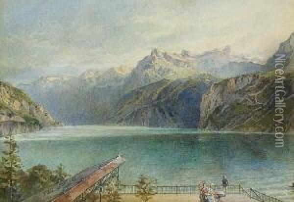 Terrasse Uber Einem
 Gebirgssee. Oil Painting - Theodor August Liebler