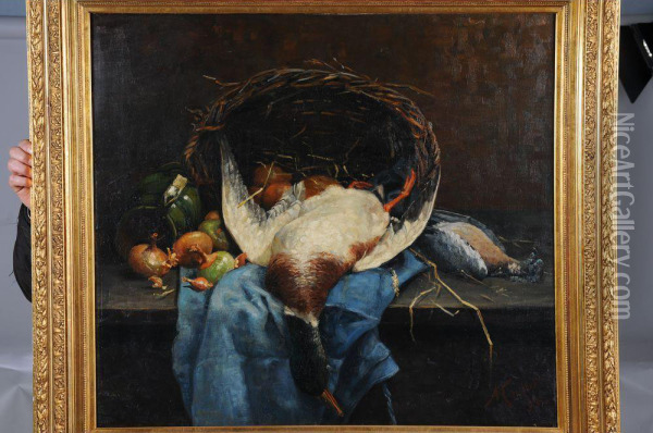 < Nature Morte Au Canard Et Panier En
Rotin >. Oil Painting - Albert Caullet