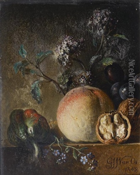 Nature Morte Aux Poivrons, Peches Et Noix Sur Un Entablement Oil Painting - Georgius Jacobus Johannes van Os