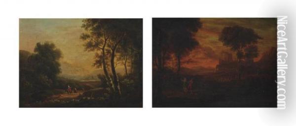Travellers In A Wooded Landscape; And Classical Figures In An Arcadian Landscape Oil Painting - Gaspard Dughet Poussin