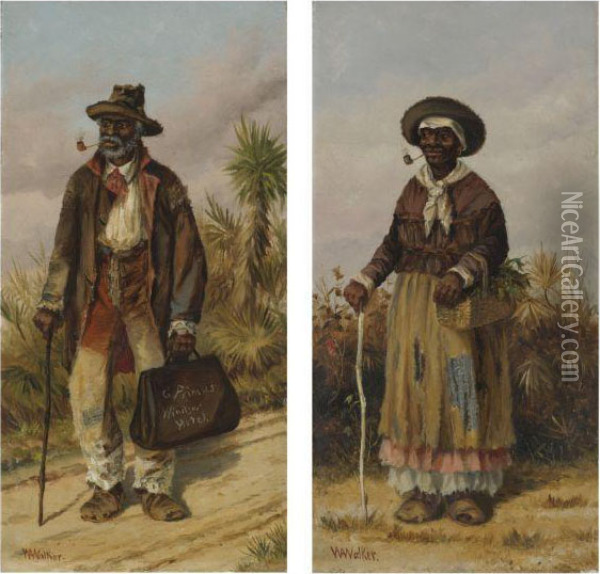 Woman With Cane And Man Walking Oil Painting - William Aiken Walker