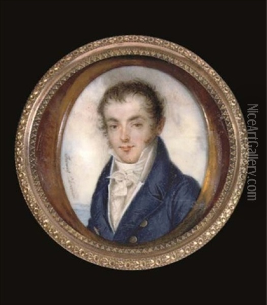 A Gentleman In Blue Coat With Gilt Buttons And White Waistcoat Oil Painting - Fanny Charrin