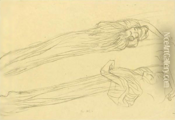 Two Studies Of A Floating Draped Figure To The Right Oil Painting - Gustav Klimt