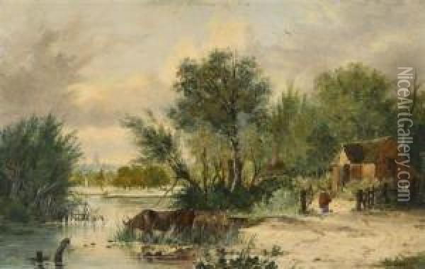 Old Lakenham - Cattle Watering Oil Painting - Alfred Stannard