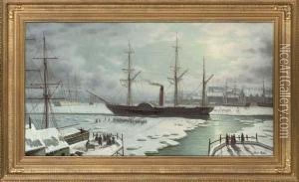A Padle Steamer Entering The Port Oil Painting - James Hardy