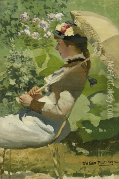 Junge Frau Mit Sonnenschirm Im Sommergarten Oil Painting - Paul Wilhelm Keller-Reutlingen