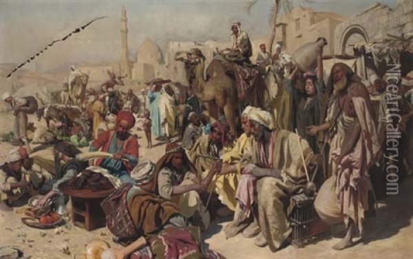 Street Musicians At The Bazaar Oil Painting - Carl Leopold Mueller