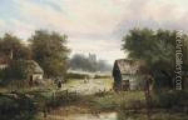 Figures By A Pond With A Church Beyond Oil Painting - Joseph Thors
