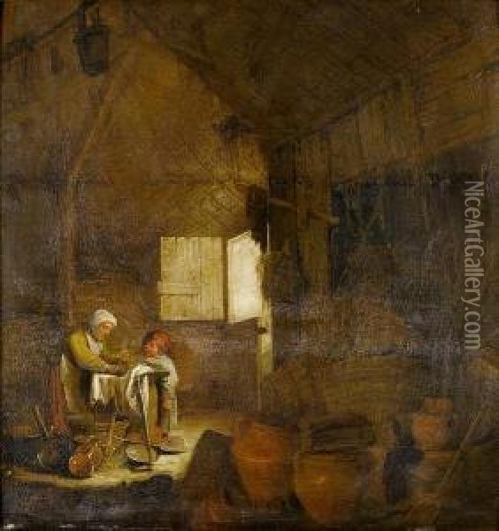 A Barn Interior With A Peasant Woman Scouring Pans Oil Painting - Pieter de Bloot